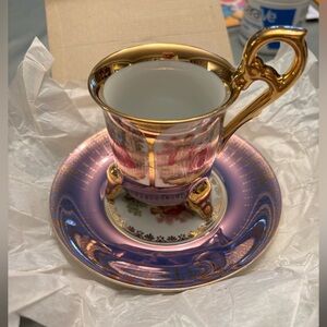 Vintage Collectable Gold and Purple Teacup and Saucer Set with Original Box 1932
